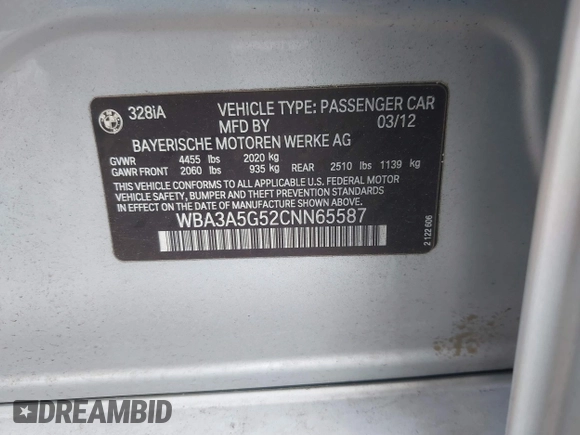 2012 BMW 3 Series 328i with VIN WBA3A5G52CNN65587, listed as a IAAI auction lot 40257554 with 89,445 mi miles and . Bid and sale history available at DreamBid. Image 9.