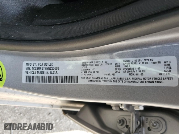 2022 Ram 1500 Big Horn с VIN 1C6SRFBT7NN225008, выставлен на аукционе Copart как лот 52920465 с пробегом 59 279 миль миль и Списание • Salvage title. История ставок и продаж доступна на DreamBid. Изображение 12.
