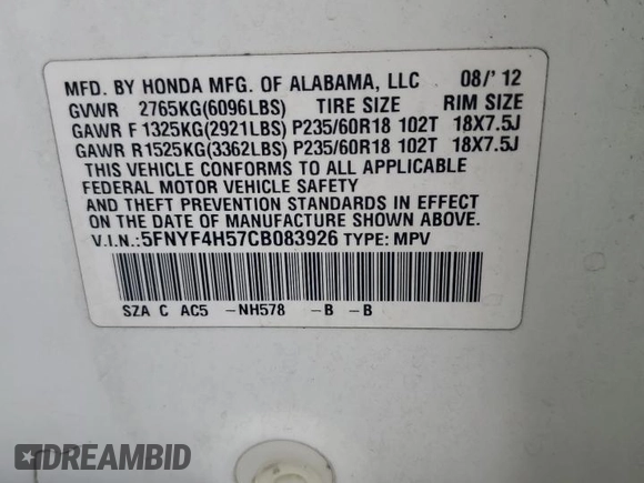 2012 Honda Pilot EX-L with VIN 5FNYF4H57CB083926, listed as a Copart auction lot 63507295 with 177,458 mi miles and Salvage title. Bid and sale history available at DreamBid. Image 12.
