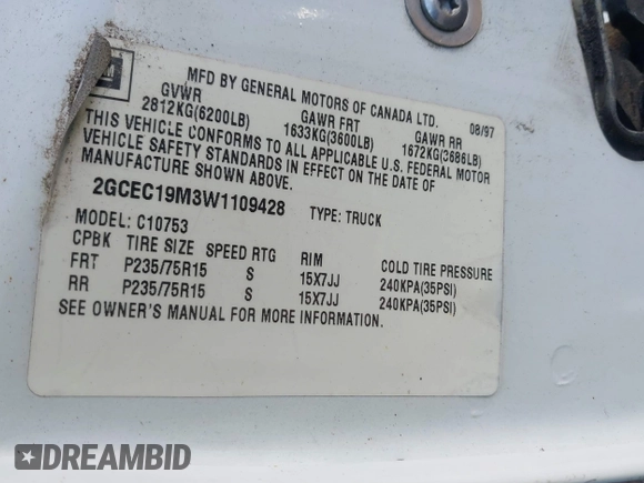 1998 Chevrolet Silverado 1500 with VIN 2GCEC19M3W1109428, listed as a IAAI auction lot 41557274 with 88,867 mi miles and . Bid and sale history available at DreamBid. Image 9.