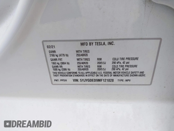 2021 Tesla Model Y Standard Range with VIN 5YJYGDED9MF121828, listed as a IAAI auction lot 42119518 with 34,454 mi miles and . Bid and sale history available at carsss.com. Image 9.