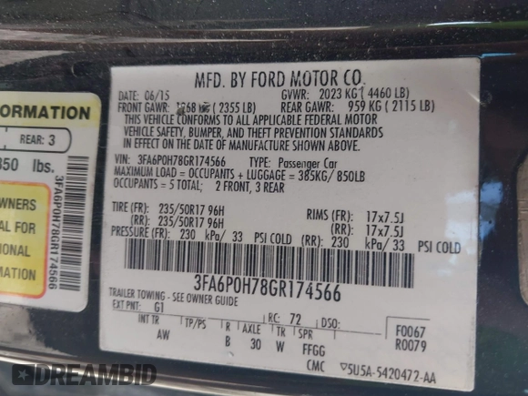 2016 Ford Fusion SE with VIN 3FA6P0H78GR174566, listed as a IAAI auction lot 42588483 with 156,261 mi miles and . Bid and sale history available at DreamBid. Image 9.