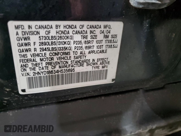 2004 Acura MDX Touring Pkg with VIN 2HNYD18634H535695, listed as a Copart auction lot 45710765 with 277,777 mi miles and Salvage Title. Bid and sale history available at carsss.com. Image 13.