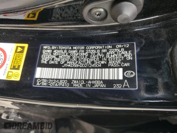 2013 Lexus CT 200h z VIN JTHKD5BH2D2124504, wystawiony jako Copart lot #52813895 z przebiegiem 116 394 mil mil oraz Szkoda całkowita • Salvage title. Historia ofert i sprzedaży dostępna na DreamBid. Obrazek 14.