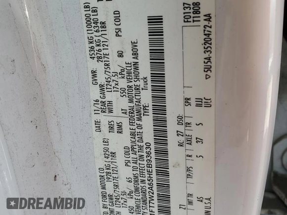 2017 Ford F-250 XL with VIN 1FT7W2A65HEB93630, listed as a Copart auction lot 54921485 with Not provided miles and Non repairable. Bid and sale history available at DreamBid. Image 13.