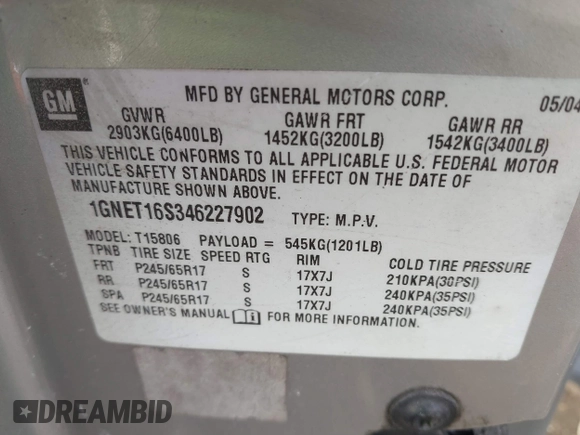2004 Chevrolet TrailBlazer EXT LT with VIN 1GNET16S346227902, listed as a IAAI auction lot 41664189 with 131,750 mi miles. Bid and sale history available at carsss.com. Image 9.