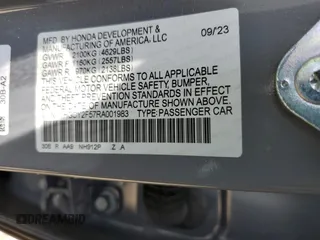2024 Honda Accord Sport with VIN 1HGCY2F57RA001983, listed as a Copart auction lot 57445715 with 21,382 mi miles and Salvage title. Bid and sale history available at DreamBid. Image 12.
