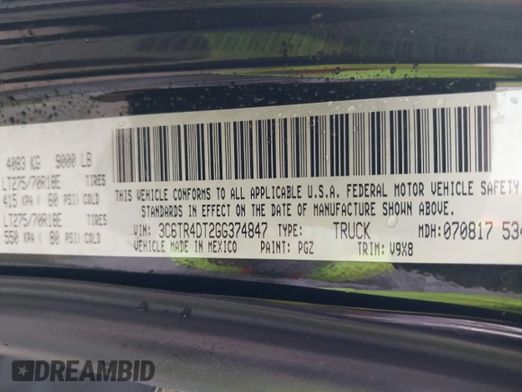 2016 Ram 2500 z VIN 3C6TR4DT2GG374847, wystawiony jako IAAI lot #41745565 z przebiegiem 164 099 mil mil oraz . Historia ofert i sprzedaży dostępna na DreamBid. Obrazek 9.