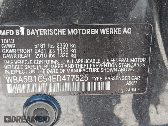 2014 BMW 5 Series 535i with VIN WBA5B1C54ED477525, listed as a IAAI auction lot 41692887 with 122,288 mi miles. Bid and sale history available at carsss.com. Image 9.