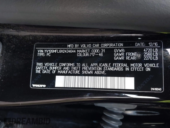 2017 Volvo S60 Dynamic with VIN YV126MFL6H2434644, listed as a IAAI auction lot 41905079 with 51,129 mi miles. Bid and sale history available at carsss.com. Image 9.