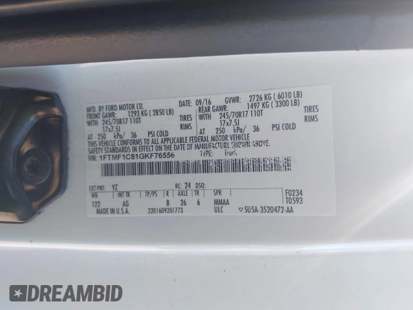 2016 Ford F-150 XL with VIN 1FTMF1C81GKF76556, listed as a IAAI auction lot 42510068 with 106,454 mi miles and . Bid and sale history available at DreamBid. Image 9.