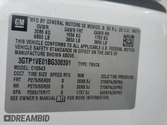 2011 GMC Sierra 1500 SLE with VIN 3GTP1VE01BG308391, listed as a Copart auction lot 53954405 with Not provided miles and Salvage title. Bid and sale history available at DreamBid. Image 12.