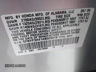 2010 Honda Pilot EX with VIN 5FNYF3H41AB009318, listed as a IAAI auction lot 41759335 with 231,174 mi miles and . Bid and sale history available at carsss.com. Image 9.