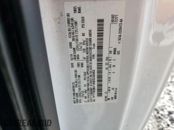 2019 Ford F-250 XL with VIN 1FT7X2B61KEG32082, listed as a Copart auction lot 49965105 with 104,658 mi miles and Salvage Title. Bid and sale history available at DreamBid. Image 14.