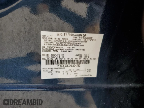 2017 Ford Flex SEL with VIN 2FMGK5C8XHBA04540, listed as a Copart auction lot 65067044 with 75,782 mi miles and Salvage Title. Bid and sale history available at carsss.com. Image 13.