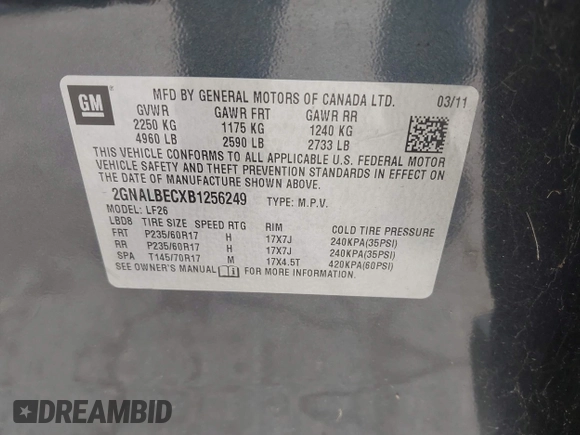 2011 Chevrolet Equinox LS with VIN 2GNALBECXB1256249, listed as a IAAI auction lot 42127528 with 52,401 mi miles and . Bid and sale history available at DreamBid. Image 9.