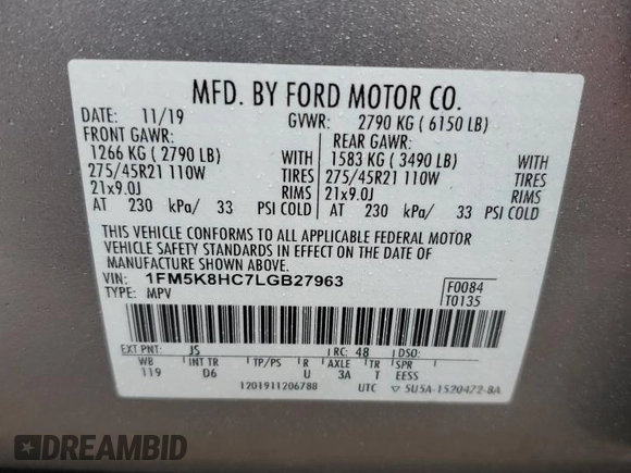 2020 Ford Explorer Platinum with VIN 1FM5K8HC7LGB27963, listed as a Copart auction lot 57850235 with 110,297 mi miles and Salvage title. Bid and sale history available at DreamBid. Image 14.