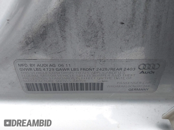2012 Audi A4 2.0T Premium with VIN WAUAFAFL0CN001244, listed as a IAAI auction lot 41409690 with 133,371 mi miles. Bid and sale history available at carsss.com. Image 9.