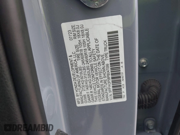 2023 Honda Ridgeline RTL with VIN 5FPYK3F58PB047099, listed as a IAAI auction lot 42313390 with Not provided miles and . Bid and sale history available at DreamBid. Image 9.
