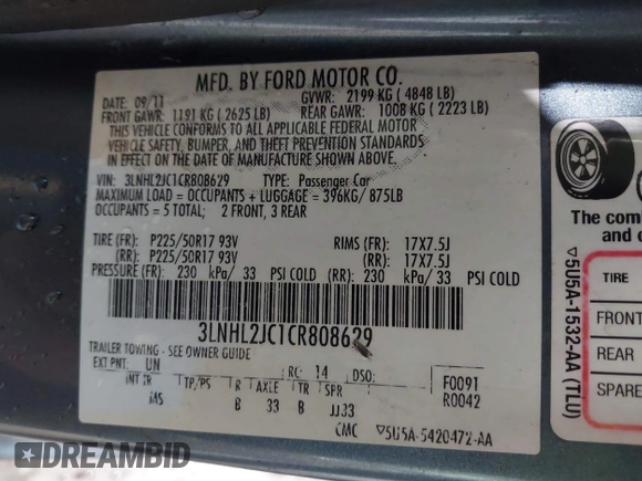 2012 Lincoln MKZ with VIN 3LNHL2JC1CR808629, listed as a IAAI auction lot 41556956 with 176,086 mi miles. Bid and sale history available at carsss.com. Image 9.