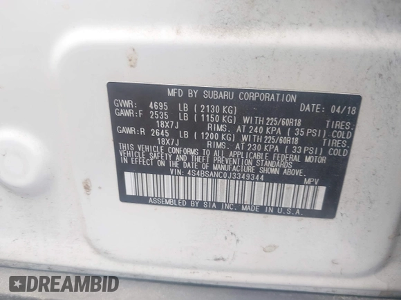 2018 Subaru Outback Limited with VIN 4S4BSANC0J3349344, listed as a IAAI auction lot 42552029 with 85,493 mi miles and . Bid and sale history available at DreamBid. Image 9.