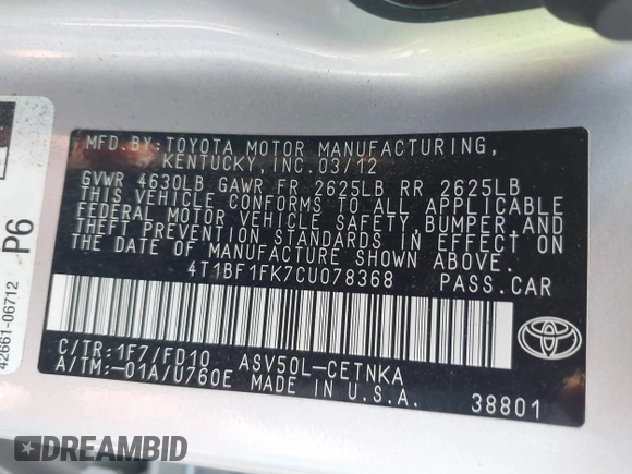 2012 Toyota Camry L z VIN 4T1BF1FK7CU078368, wystawiony jako IAAI lot #42227183 z przebiegiem 44 449 mil mil oraz . Historia ofert i sprzedaży dostępna na DreamBid. Obrazek 9.