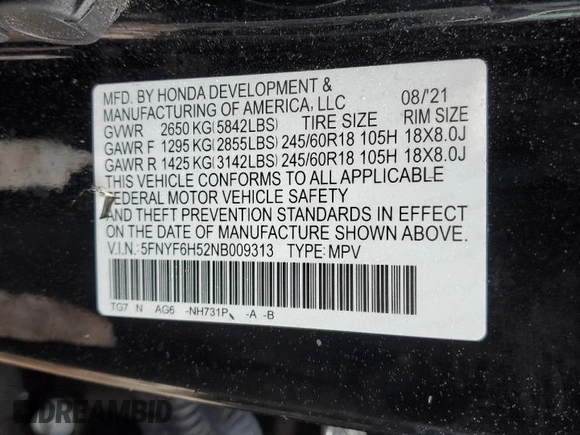 2022 Honda Pilot EX-L with VIN 5FNYF6H52NB009313, listed as a Copart auction lot 44105495 with 67,254 mi miles and Salvage Title. Bid and sale history available at carsss.com. Image 13.