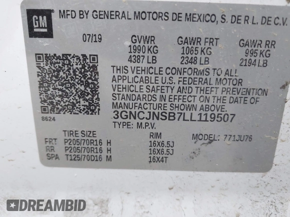 2020 Chevrolet Trax LS with VIN 3GNCJNSB7LL119507, listed as a IAAI auction lot 41829202 with 130,600 mi miles. Bid and sale history available at carsss.com. Image 9.