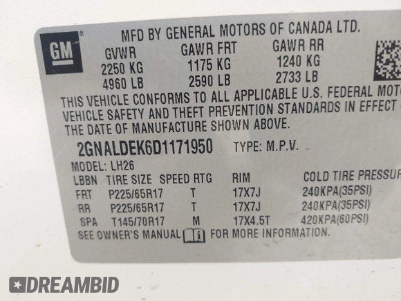 2013 Chevrolet Equinox LT with VIN 2GNALDEK6D1171950, listed as a IAAI auction lot 42109617 with 68,230 mi miles and . Bid and sale history available at DreamBid. Image 9.