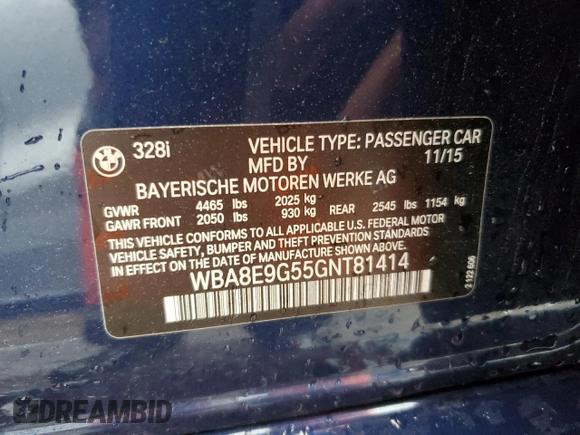 2016 BMW 3 Series 328i with VIN WBA8E9G55GNT81414, listed as a Copart auction lot 47995395 with 87,793 mi miles and Salvage Title. Bid and sale history available at carsss.com. Image 12.