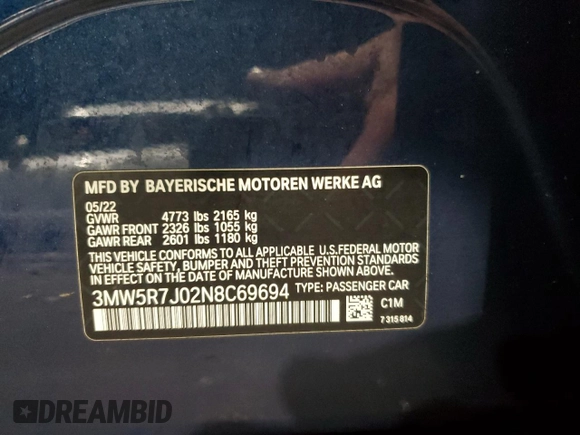 2022 BMW 3 Series 330i xDrive with VIN 3MW5R7J02N8C69694, listed as a Copart auction lot 45008325 with 0 mi miles and Salvage Title. Bid and sale history available at carsss.com. Image 14.