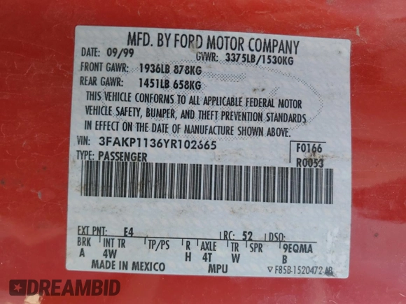 2000 Ford Escort ZX2 z VIN 3FAKP1136YR102665, wystawiony jako Copart lot #83805634 z przebiegiem 77 954 mil mil oraz Szkoda całkowita • Salvage title. Historia ofert i sprzedaży dostępna na DreamBid. Obrazek 15.