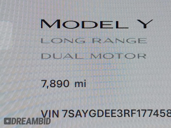 2024 Tesla Model Y Long Range with VIN 7SAYGDEE3RF177458, listed as a IAAI auction lot 42109641 with 7,890 mi miles. Bid and sale history available at carsss.com. Image 15.