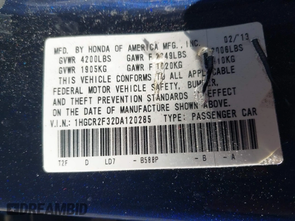 2013 Honda Accord LX z VIN 1HGCR2F32DA120285, wystawiony jako IAAI lot #41892073 z przebiegiem 129 005 mil mil oraz . Historia ofert i sprzedaży dostępna na DreamBid. Obrazek 9.