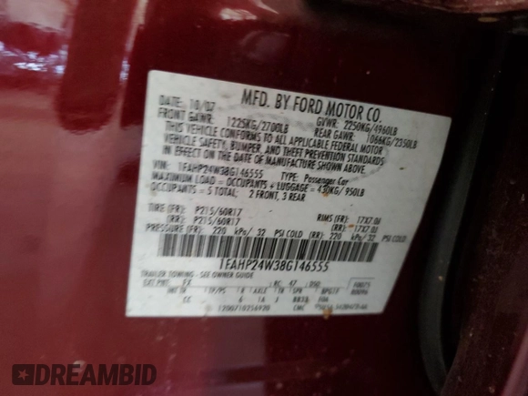 2008 Ford Taurus SEL with VIN 1FAHP24W38G146555, listed as a Copart auction lot 62092825 with 104,180 mi miles and Salvage title. Bid and sale history available at DreamBid. Image 12.