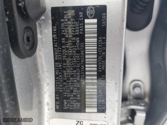 2022 Toyota Camry Hybrid SE with VIN 4T1G31AK7NU586705, listed as a Copart auction lot 83523564 with 56,638 mi miles and Salvage Title. Bid and sale history available at carsss.com. Image 13.