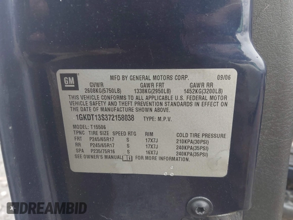 2007 GMC Envoy SLE with VIN 1GKDT13S372158038, listed as a IAAI auction lot 42103078 with 119,954 mi miles. Bid and sale history available at carsss.com. Image 9.