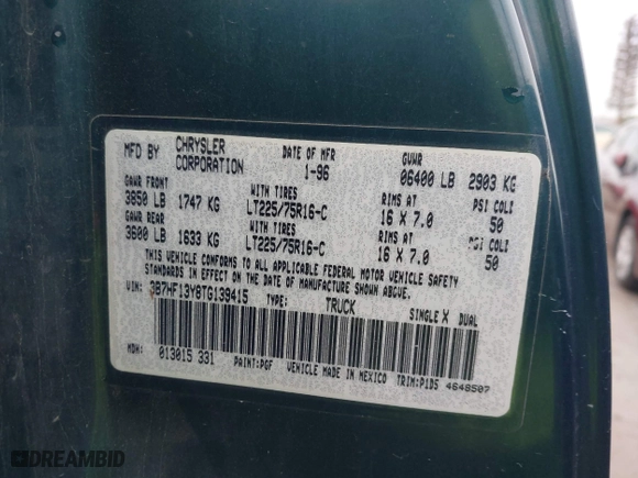 1996 Dodge Ram 1500 with VIN 3B7HF13Y8TG139415, listed as a IAAI auction lot 41494042 with 102,373 mi miles. Bid and sale history available at carsss.com. Image 9.