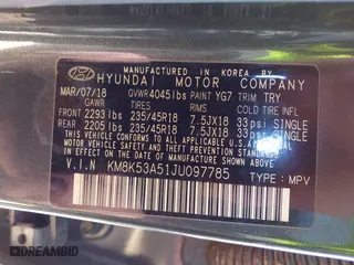 2018 Hyundai Kona Ultimate with VIN KM8K53A51JU097785, listed as a IAAI auction lot 41311804 with 94,446 mi miles. Bid and sale history available at carsss.com. Image 9.