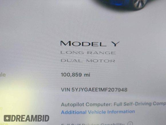 2021 Tesla Model Y Long Range with VIN 5YJYGAEE1MF207948, listed as a IAAI auction lot 41779570 with 100,859 mi miles. Bid and sale history available at carsss.com. Image 15.