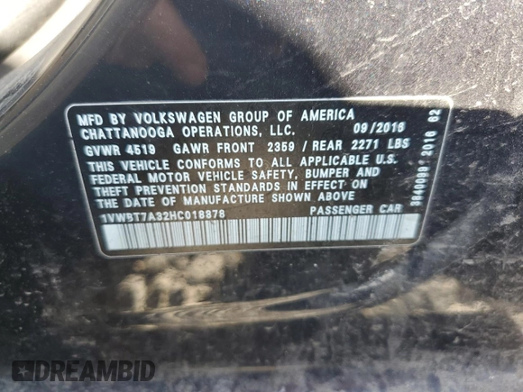 2017 Volkswagen Passat SE z VIN 1VWBT7A32HC018878, wystawiony jako Copart lot #53029885 z przebiegiem Nie podano mil oraz Szkoda całkowita • Salvage title. Historia ofert i sprzedaży dostępna na DreamBid. Obrazek 13.