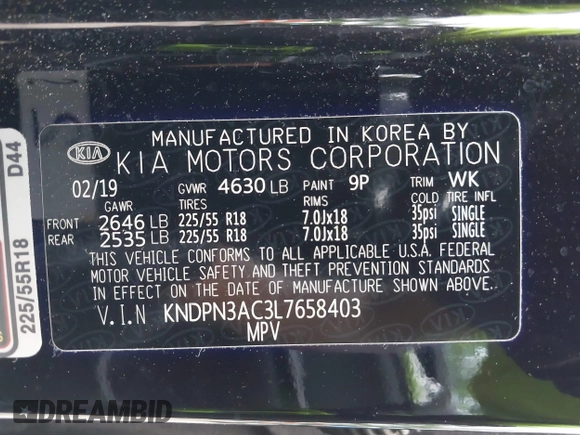 2020 Kia Sportage EX with VIN KNDPN3AC3L7658403, listed as a IAAI auction lot 42485473 with 38,601 mi miles and . Bid and sale history available at DreamBid. Image 9.
