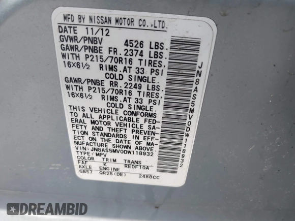 2013 Nissan Rogue S with VIN JN8AS5MV0DW118932, listed as a IAAI auction lot 41844266 with 222,678 mi miles and . Bid and sale history available at DreamBid. Image 9.