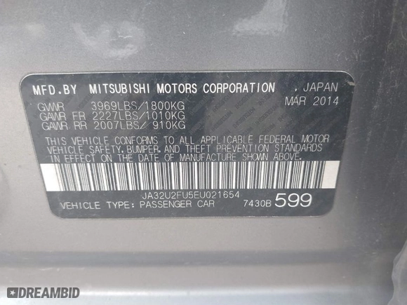 2014 Mitsubishi Lancer ES with VIN JA32U2FU5EU021654, listed as a IAAI auction lot 41552408 with 164,644 mi miles. Bid and sale history available at carsss.com. Image 9.