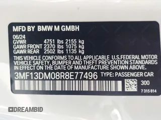 2024 BMW M2 with VIN 3MF13DM08R8E77496, listed as a IAAI auction lot 41950387 with 4,302 mi miles. Bid and sale history available at carsss.com. Image 9.