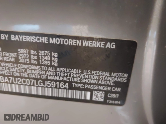 2020 BMW 7 Series 750i xDrive with VIN WBA7U2C07LGJ59164, listed as a IAAI auction lot 42001056 with Not provided miles and . Bid and sale history available at DreamBid. Image 9.