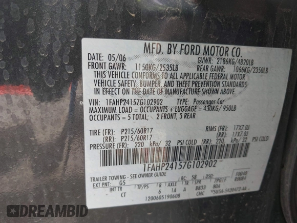 2007 Ford Five Hundred SEL z VIN 1FAHP24157G102902, wystawiony jako IAAI lot #42123329 z przebiegiem 105 468 mil mil oraz . Historia ofert i sprzedaży dostępna na DreamBid. Obrazek 9.