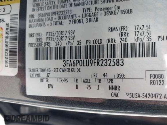 2015 Ford Fusion SE Hybrid with VIN 3FA6P0LU9FR232583, listed as a IAAI auction lot 42012175 with 139,309 mi miles and . Bid and sale history available at DreamBid. Image 9.