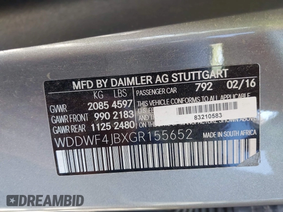 2016 Mercedes-Benz C 300 with VIN WDDWF4JBXGR155652, listed as a IAAI auction lot 42685591 with 88,712 mi miles and . Bid and sale history available at DreamBid. Image 9.
