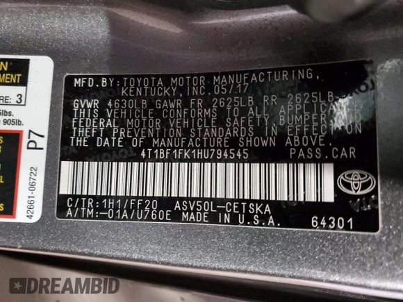 2017 Toyota Camry XLE with VIN 4T1BF1FK1HU794545, listed as a Copart auction lot 83382444 with 65,368 mi miles and Salvage Title. Bid and sale history available at carsss.com. Image 13.